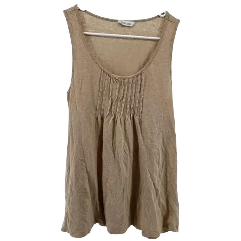 Sundance Linen Tank Top Pleat Front Burnout Scoop Neck Flowy Tan XSmall